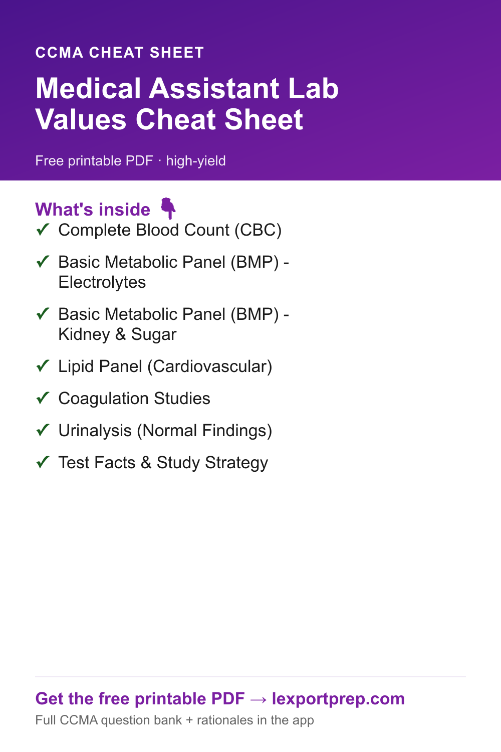 CCMA Medical Assistant Lab Values Cheat Sheet — free printable quick-reference chart