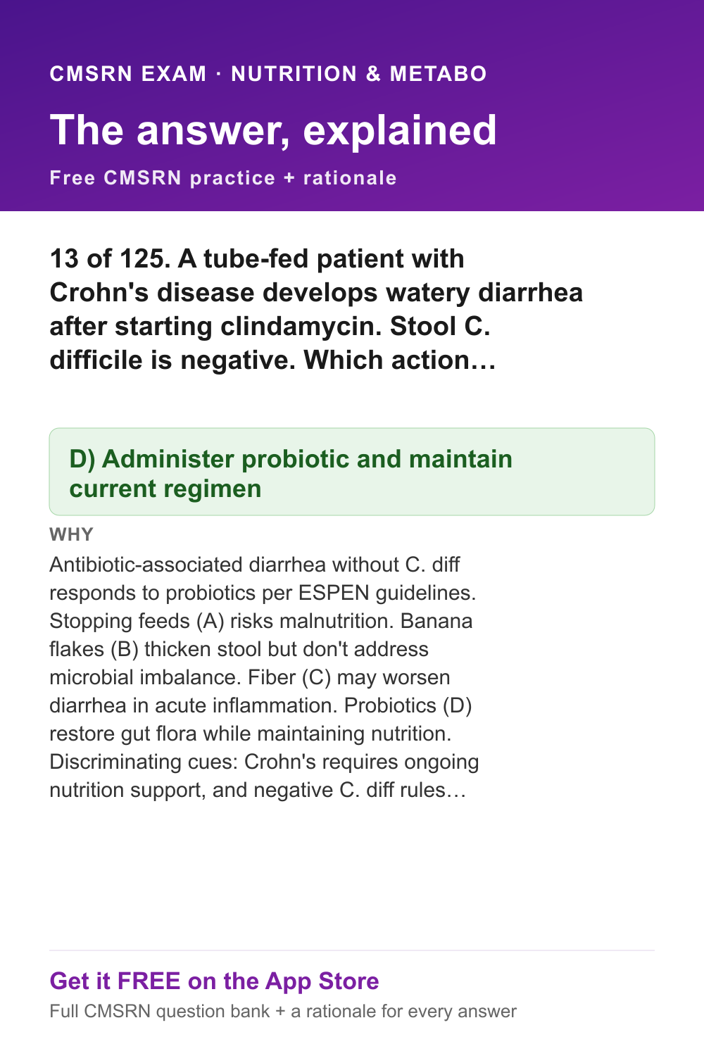CMSRN answer and rationale — Nutrition & Metabolic Care
